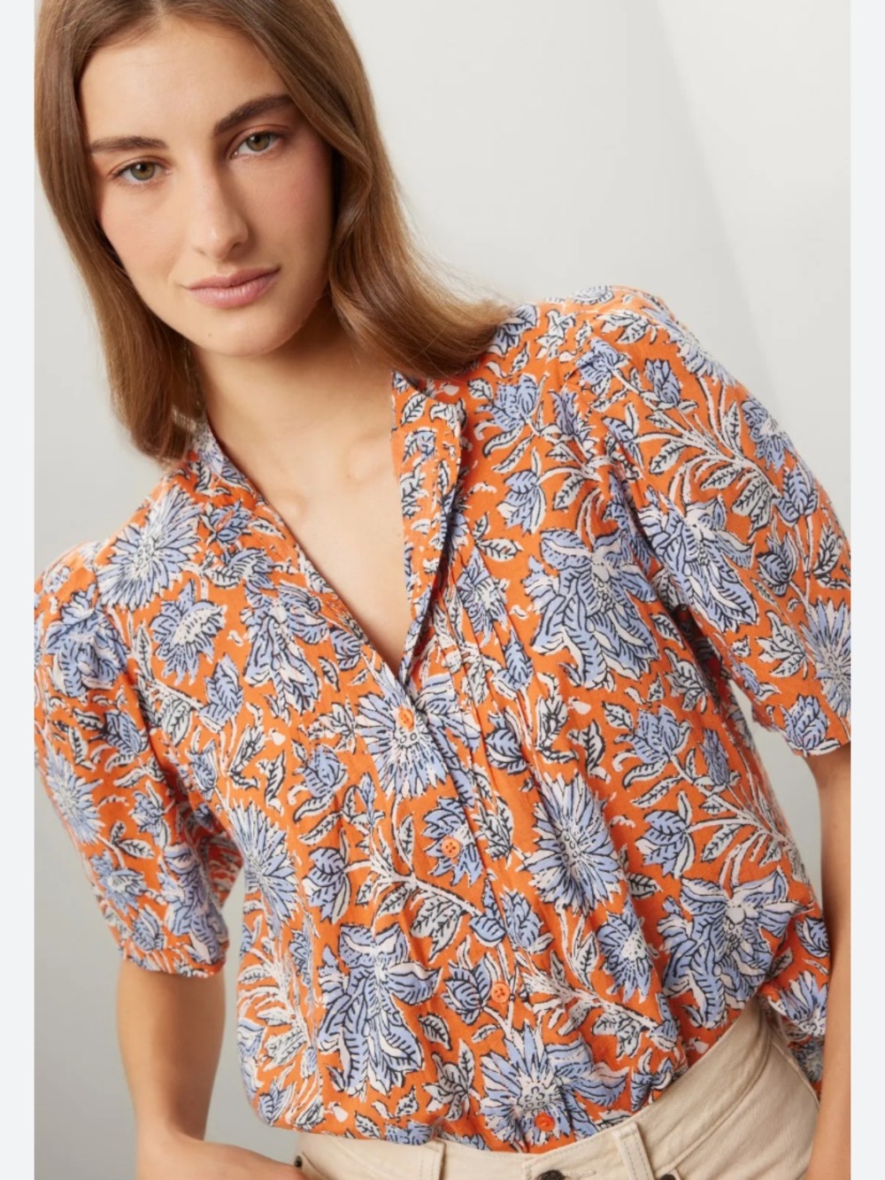 Orange Floral Button-Front Blouse